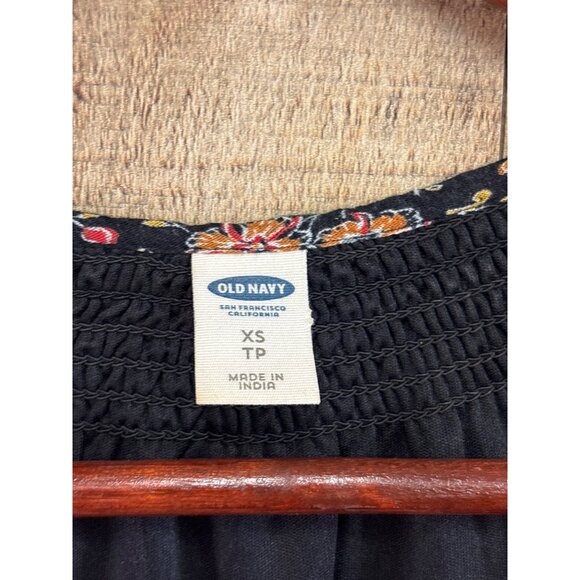 Old Navy XS Floral Print Black Multicolor Smocked Waist Mid-Length Dress With Li - Picture 2 of 7